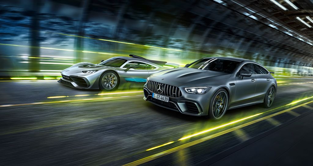MercedesAMG's tweet photo. There are many roads into the future, but the Mercedes-AMG Project ONE and the Mercedes-AMG GT 4-Door Coupé race along the same one.

[Provisional Data | Csn: 11.2 l/100km | CO2: 256 g/km] https://t.co/OqcvPwEbEY