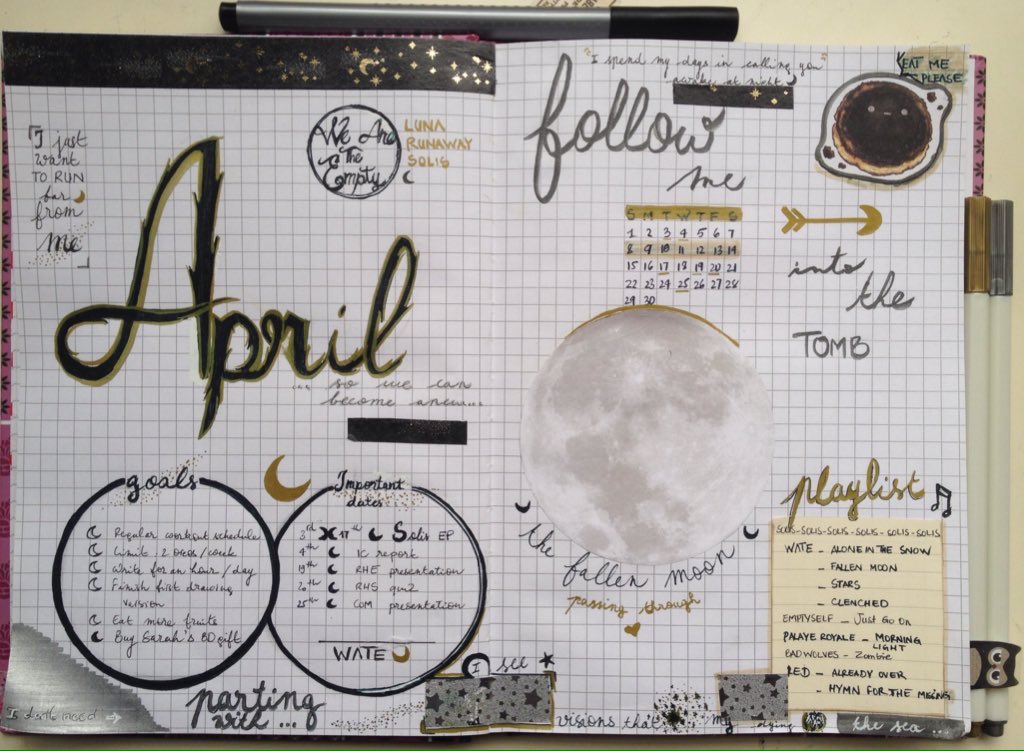My April spread page! 
#bulletjournal (kinda)
Theme: #wearetheempty #lyrics #Album 
#April #plannerdecoration #planner