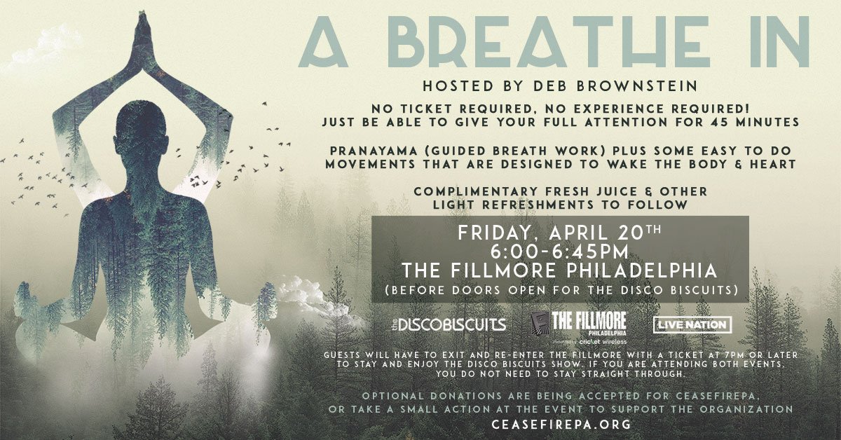 nameste, fam. please join us at <a href="/FillmorePhilly/">The Fillmore Philadelphia</a> on April 20, before doors, for "A Breathe In" -- to benefit <a href="/CeaseFirePA/">CeaseFirePA</a>. More info can be found in the event page: facebook.com/events/1568473…