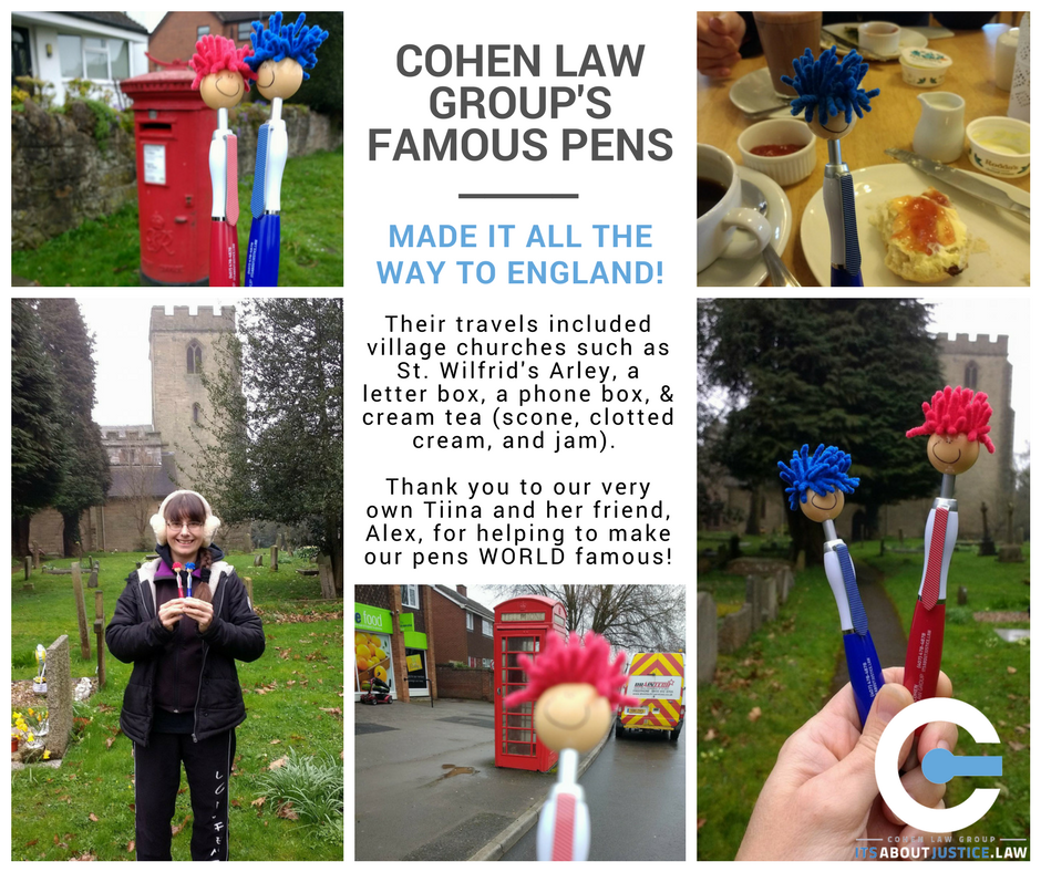 Our famous pens made it across the pond! Thank you to Tiina and her friend, Alex (pictured), for capturing their adventures! 🖊️🇬🇧

#️CohenLawGroup #ItsAboutJustice #Famous #Pens #UK