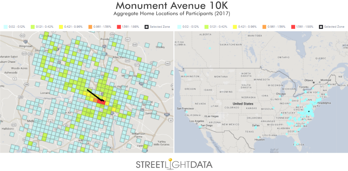 StreetLightData's tweet photo. The #Monument10K near our #RVA office is this Saturday. In 2017, most participants lived on the East Coast, but came from as far as Canada. https://t.co/nddsoHUQNh