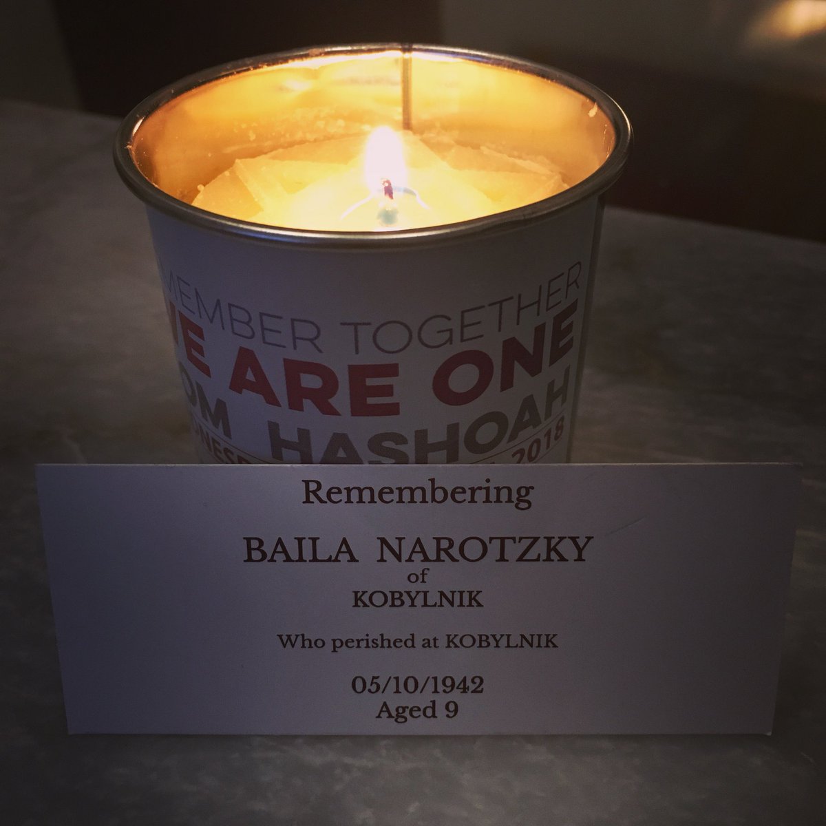 Leoraleboff's tweet photo. We lit a candle in memory of BAILA NAROTZKY who perished in Kobylnik aged just 9 years old. We honour the memory of all who had their lives taken from them during the Holocaust #yellowcandle https://t.co/me7xnWjItu