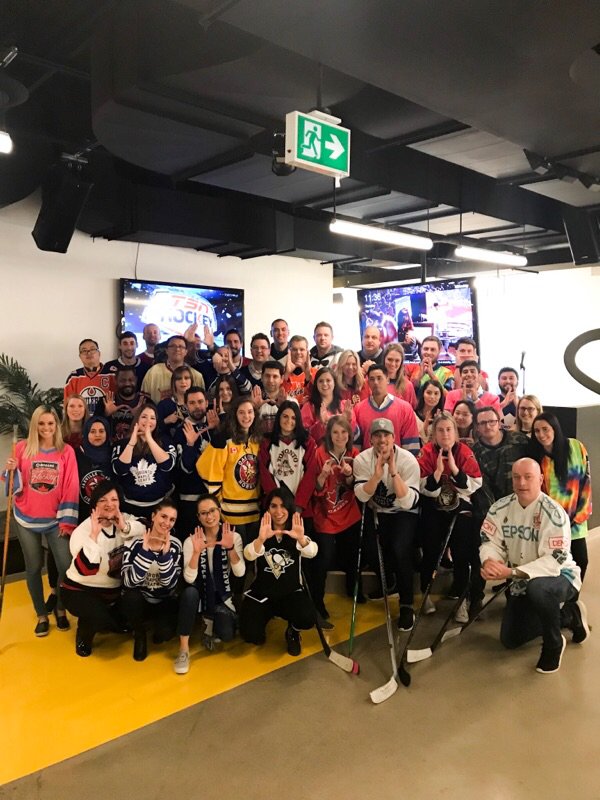 SDImktg's tweet photo. #SDIMKTG came together in support for all those impacted in the Humboldt tragedy 💚💛 #HumboldtBroncos #JerseysforHumboldt #SticksoutforHumboldt https://t.co/QjVwlDvRtP