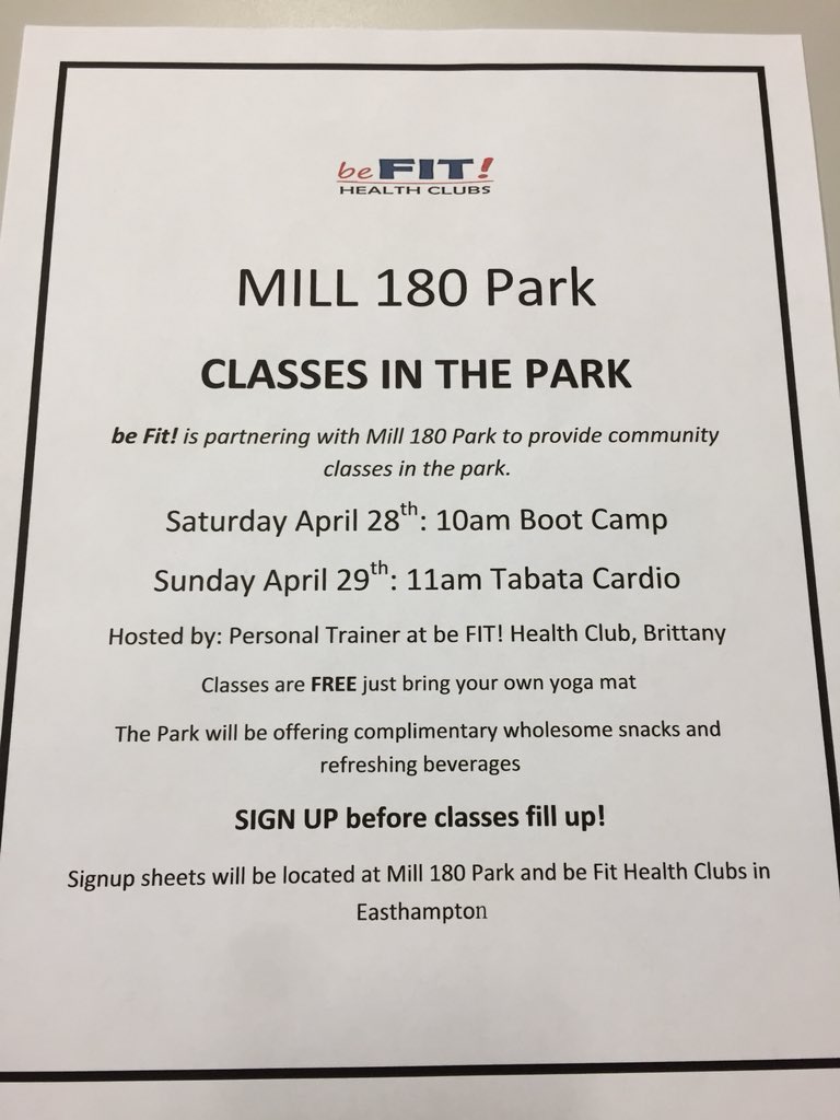 Mill180Park's tweet photo. Mill 180 Park is teaming up with beFIT! Health Clubs on April 28th and 29th! Classes are FREE, Sign up sheets are available in the park now! 💪✍️🤝 https://t.co/tWGz6YBXWU