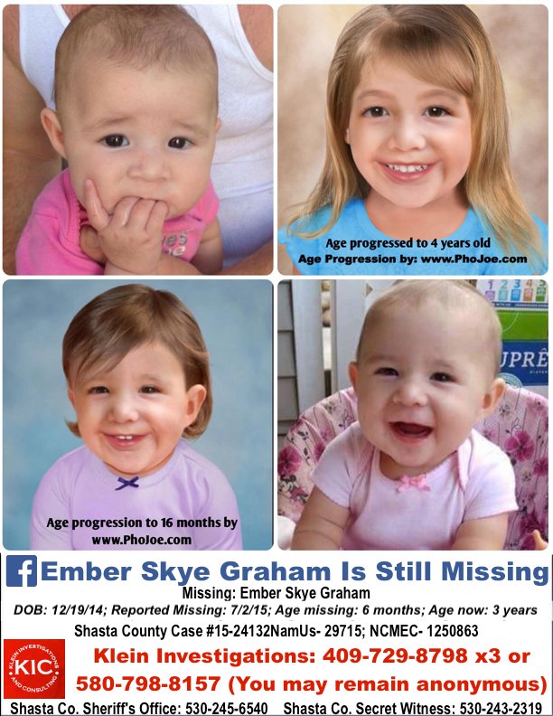 FindEmberGraham's tweet photo. Ember Skye Graham Is Still Missing! Pls RT &amp; help increase awareness so we can find her &amp; bring her home! TY! #MISSING #CA #missingchild #EmberSkyeGraham #EmberGraham #BabyEmber #MissingPerson #Redding @MissingKids @KRCR7 @BreakingNews_RS @ActionNewsNow @ReddingCA_ @PollyKlaas https://t.co/t0WDYVqkK8