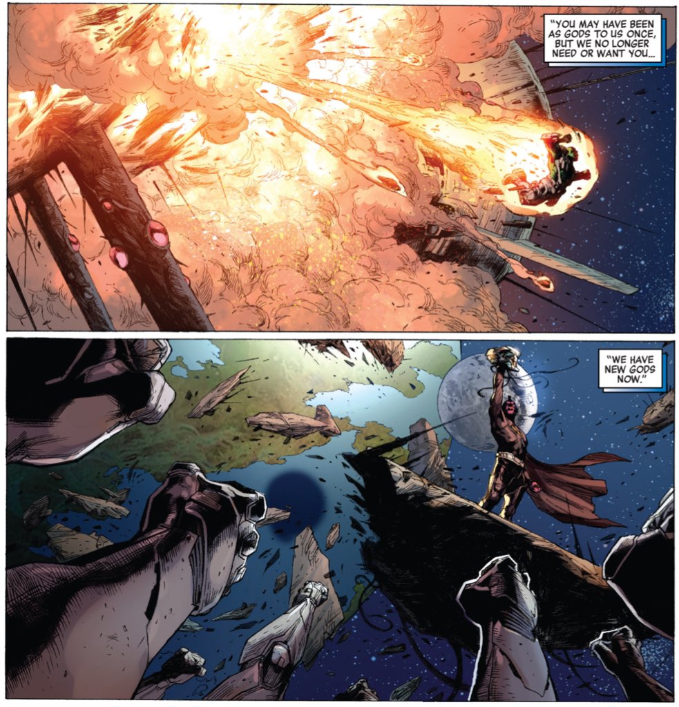 Godhood is a recurring motif of Hickman's Avengers' run, in particular the idea of usurpation of godhood by mortal man.The creator replaces the creator. A potent metaphor for mainstream comics, perhaps?(Infinity #2.)
