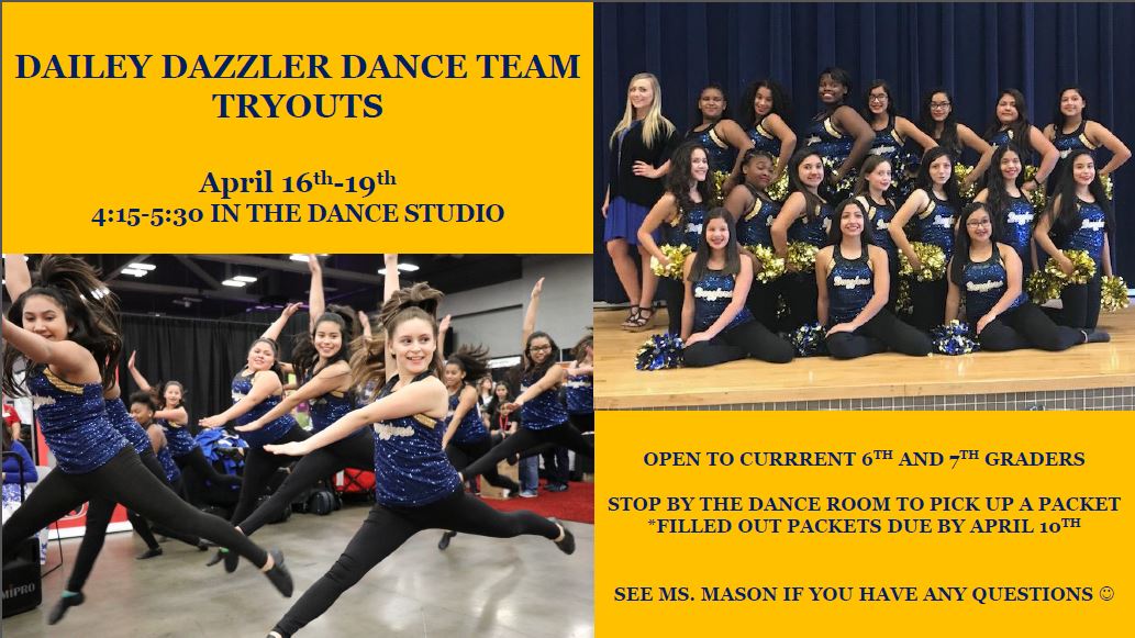 DVISDFineArts's tweet image. Tryouts for 2018-2019 Dailey Dazzlers Dance Team will take place after school next week, April 16-19th! This opportunity is open to any current 6th or 7th grade student enrolled @DVISD_DMS Email Ms. Mason for more details #dailey #daileydazzlers #DMS
