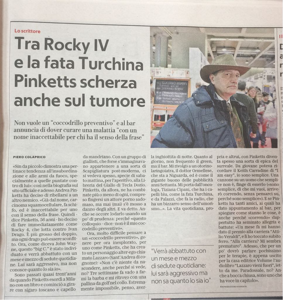 APinketts's tweet photo. la @rep_milano -12 apr.2018 - la Repubblica
Tra Rocky IV e la fata Turchina Pinketts scherza anche sul tumore
Non vuole un “coccodrillo preventivo" e al bar annuncia di dover curare una malattia "con un nome inaccettabile per chi ha il senso della frase"
https://t.co/TBCJb9EJxP https://t.co/g5SQATNFRG