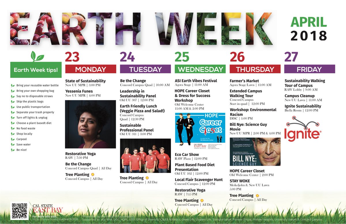 csueb_sustain's tweet photo. #EarthWeek2018 is just around the corner and we have a jam packed schedule of events. Free and open to the Public! https://t.co/Zvw2enmEGO @HaywardLib @cityofhayward @HaywardPromise @HaywardThrives https://t.co/p62BwlYpW0