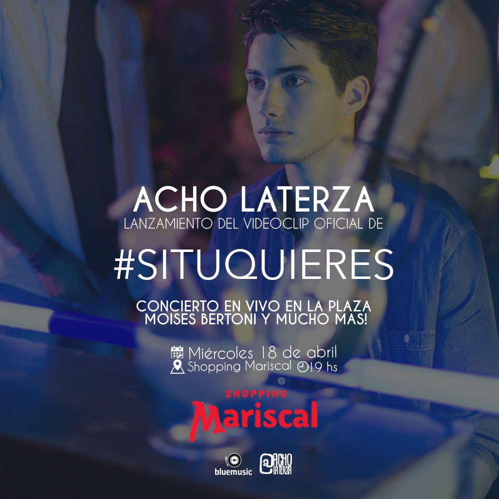 acholaterza's tweet photo. 💥 El miércoles 18 de abril💥 Lanzamos oficialmente el videoclip de #SiTuQuieres en el @shoppingmariscal a la 19 hs 🔥 Además vamos tocar con toda la banda algunas canciones!! Te esperamos!! 👽 @lalilalig @walteriveros @bluemusicpy 🙌 https://t.co/3BgBsVyGfV