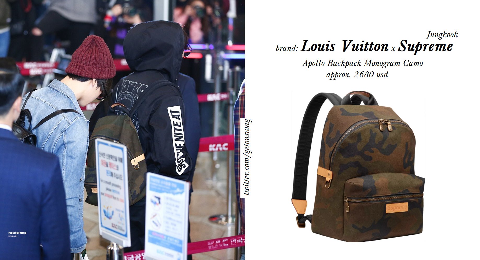 Beyond The Style ✼ Alex ✼ on X: JUNGKOOK #BTS 171020 170922 171023 airport  (requested) #JUNGKOOK #정국 #방탄소년단 PRADA camouflage backpack '2017 (similar),  approx. 1850 usd 🎁  / X