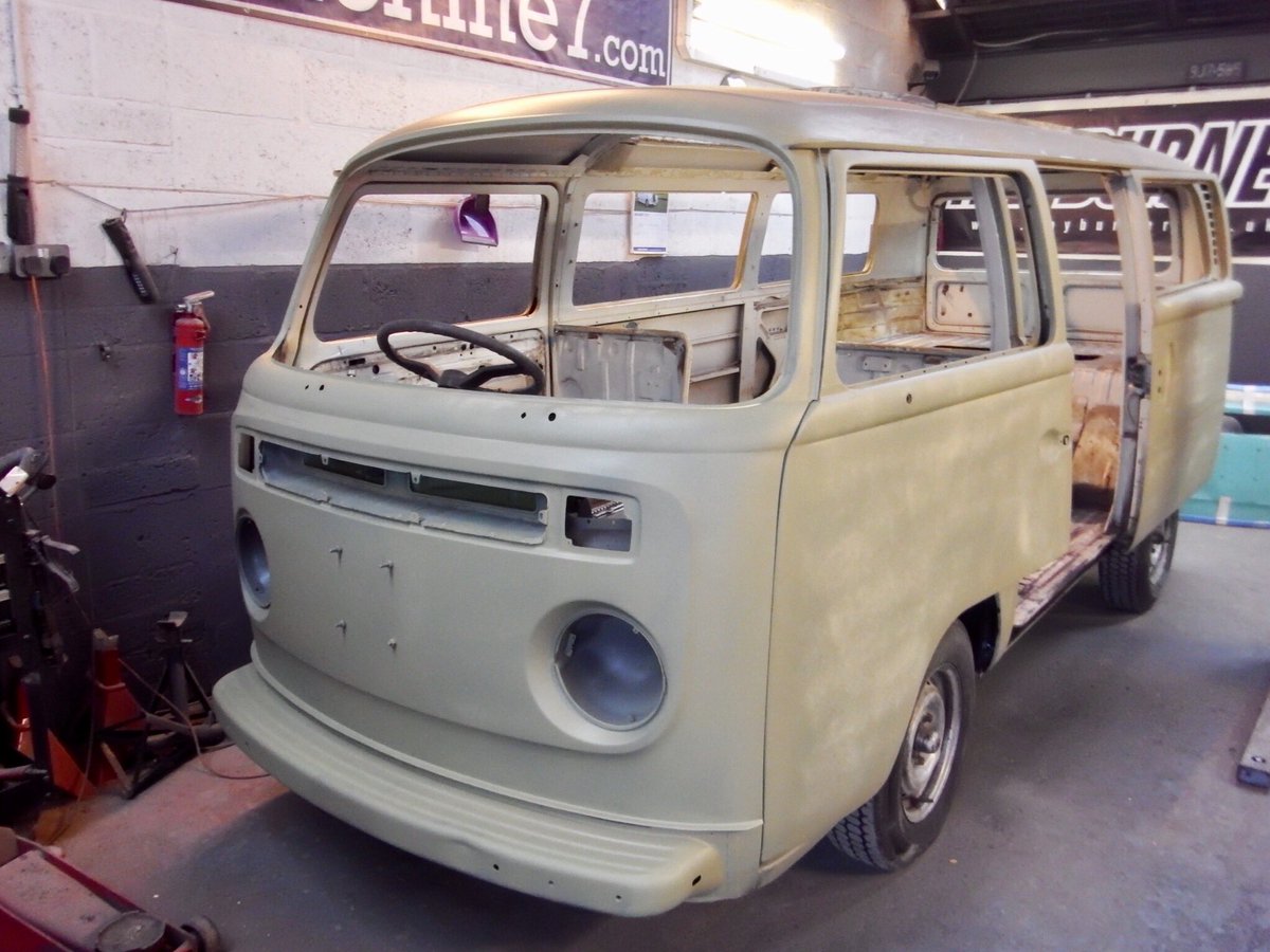 VBaywindow's tweet photo. Jan 2017 etch primer coat as a guide to start filling and finishing #vwt2 #volkswagen #vwbus #1978 #DevonCamper https://t.co/d5LYihVn6P