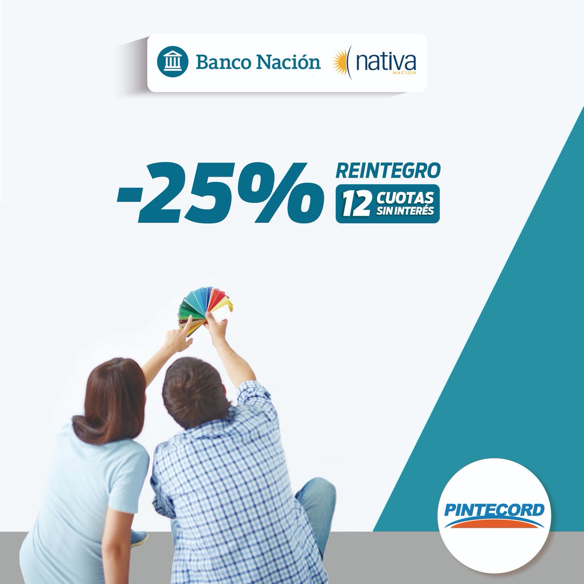 Del 13/04 al 15/04 disfrutá elegir el color que más te gusta para renovar tu casa. Tenes un 25% de descuento hasta en 12 cuotas sin interés con Nativa Visa y Nativa Mastercard del Banco Nación. Disponible en las 32 sucursales de Pintecord y tienda online pintecord.com.ar