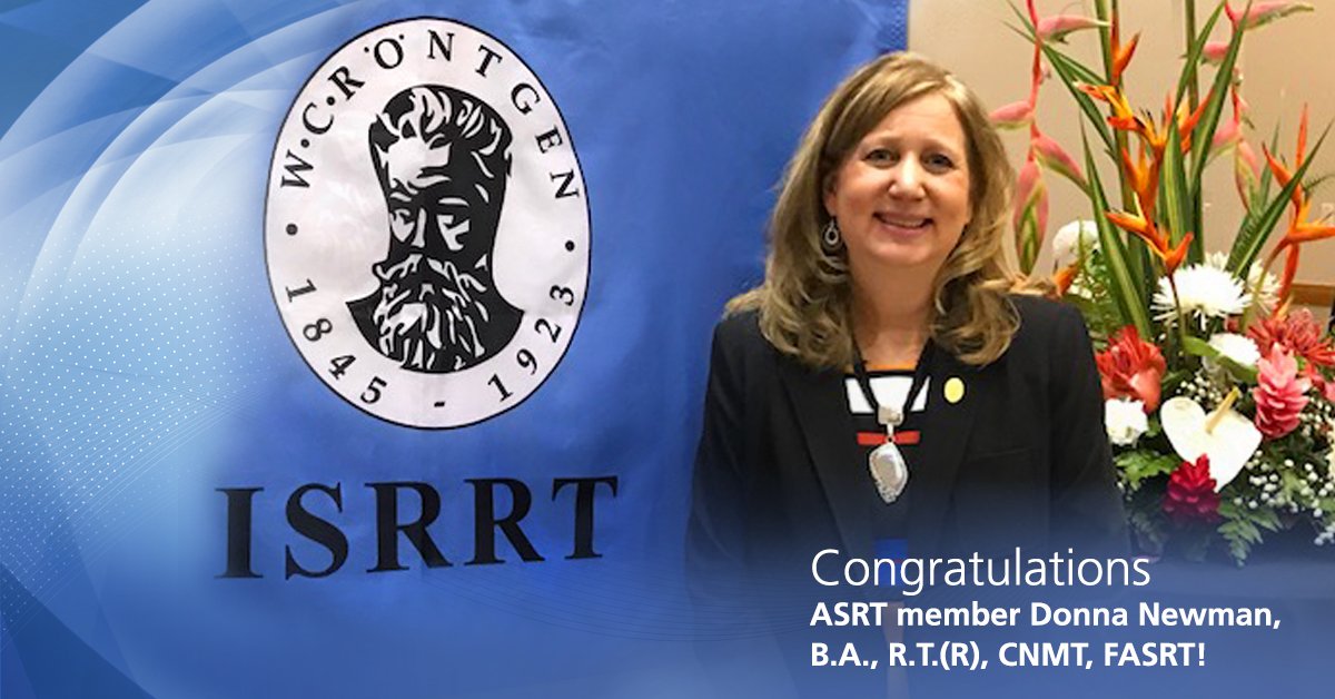 ASRT's tweet photo. Congratulations to ASRT member Donna Newman!
Donna is the new International Society of Radiographers &amp; Radiological Technologists president.
https://t.co/y01UD4bCsn https://t.co/YJcJNzVr0i