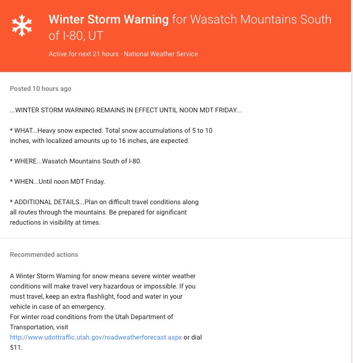 mafia_powder's tweet photo. "Winter Storm Warning for snow means severe winter weather
conditions will make travel very hazardous or impossible. If you
must travel, keep an extra flashlight, food and water in your
vehicle in case of an emergency" ... or a snowboard and a sixer ! just saying https://t.co/XtHhQaBVXj