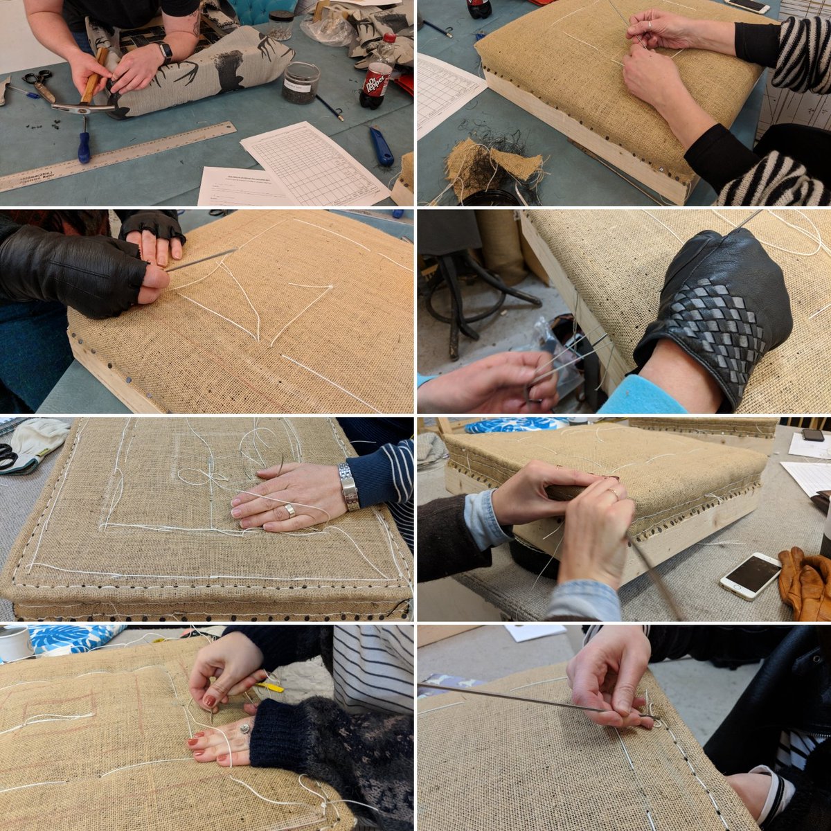 Many Hands and a whole array of gloves in class today at Bristol Upholstery Collective! @BristolChairs #upholsteryschool #bristol #learnsnewskill #traditionalupholstery #craft