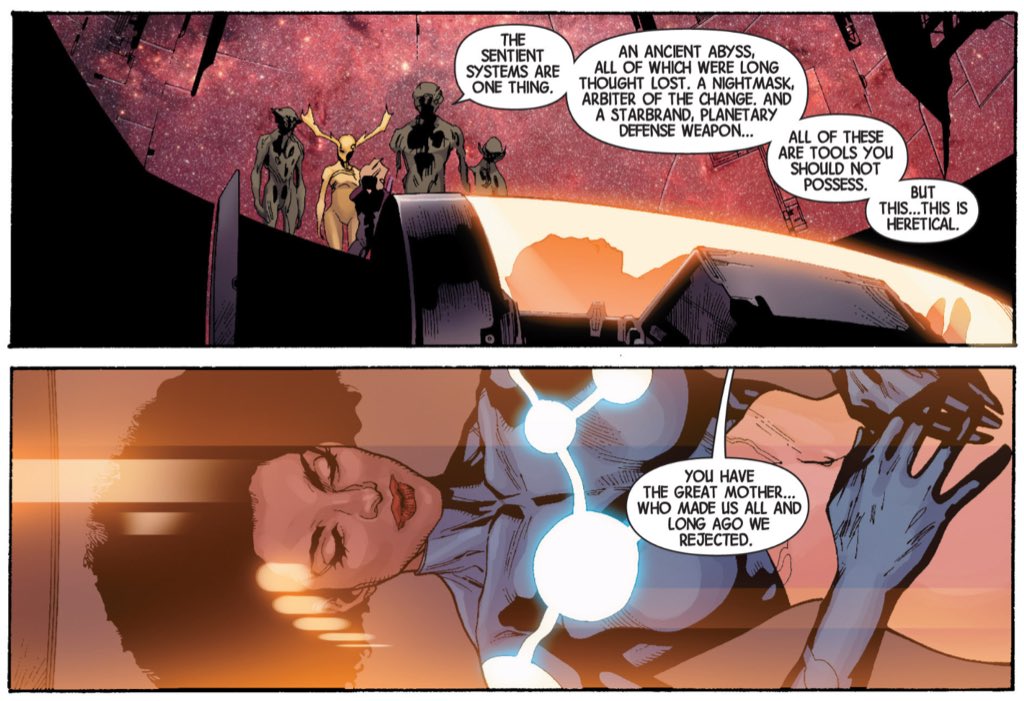 In keeping the the theme of creations that have rebelled against their creators, even the Builders are part of this cycle.In Hickman's work, cycles perpetuat even within broken systems.(Avengers #19.)
