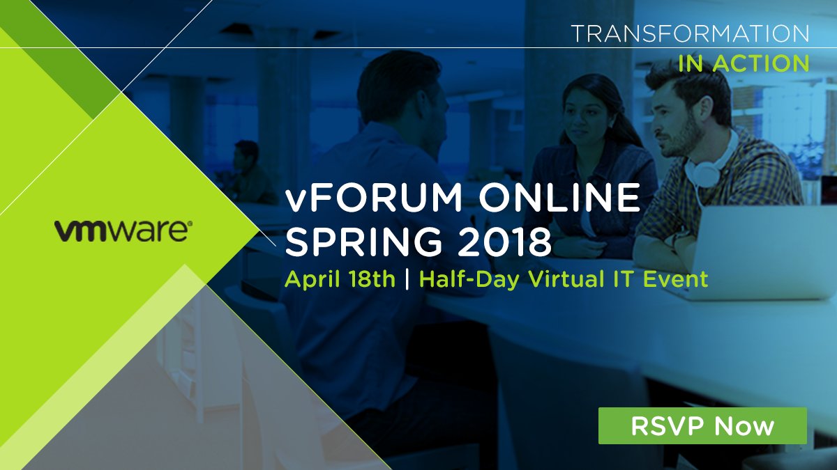 MaloneTraci's tweet photo. Join us from the comfort of your desks at VMware's #vForumOnline Spring 2018! You'll hear Pat Gelsinger's keynote, 20 break-out sessions, 13 hands-on-labs, and more. Sign up to tune in live right now: https://t.co/Aa2Jv982yw https://t.co/lRuHSGFWTq