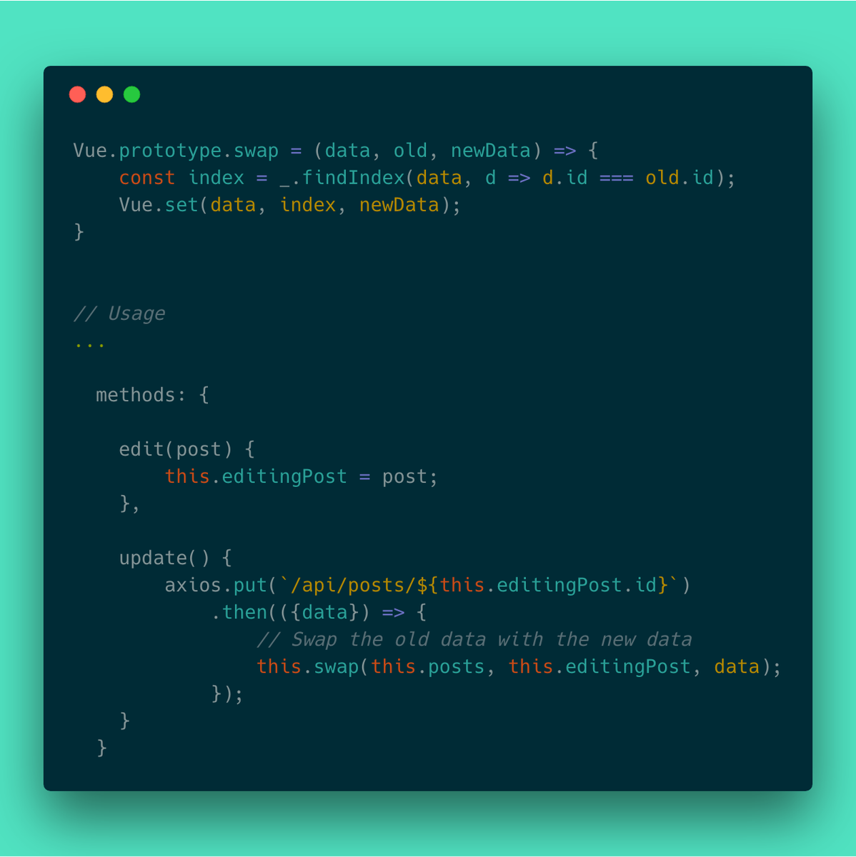 clevonnoel's tweet photo. 🍕 I usually create a function on the @vuejs instance to swap out the old data with new data. Here's how: https://t.co/lCUDitkzdr