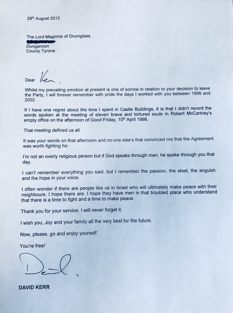 After Tuesday night’s appearance on @bbctheview I thought I would share a personal letter I wrote to Ken Maginnis after his untimely departure from the UUP in 2012. 

It relates back to Good Friday 1998 and I meant every word of it. 

#GFA20