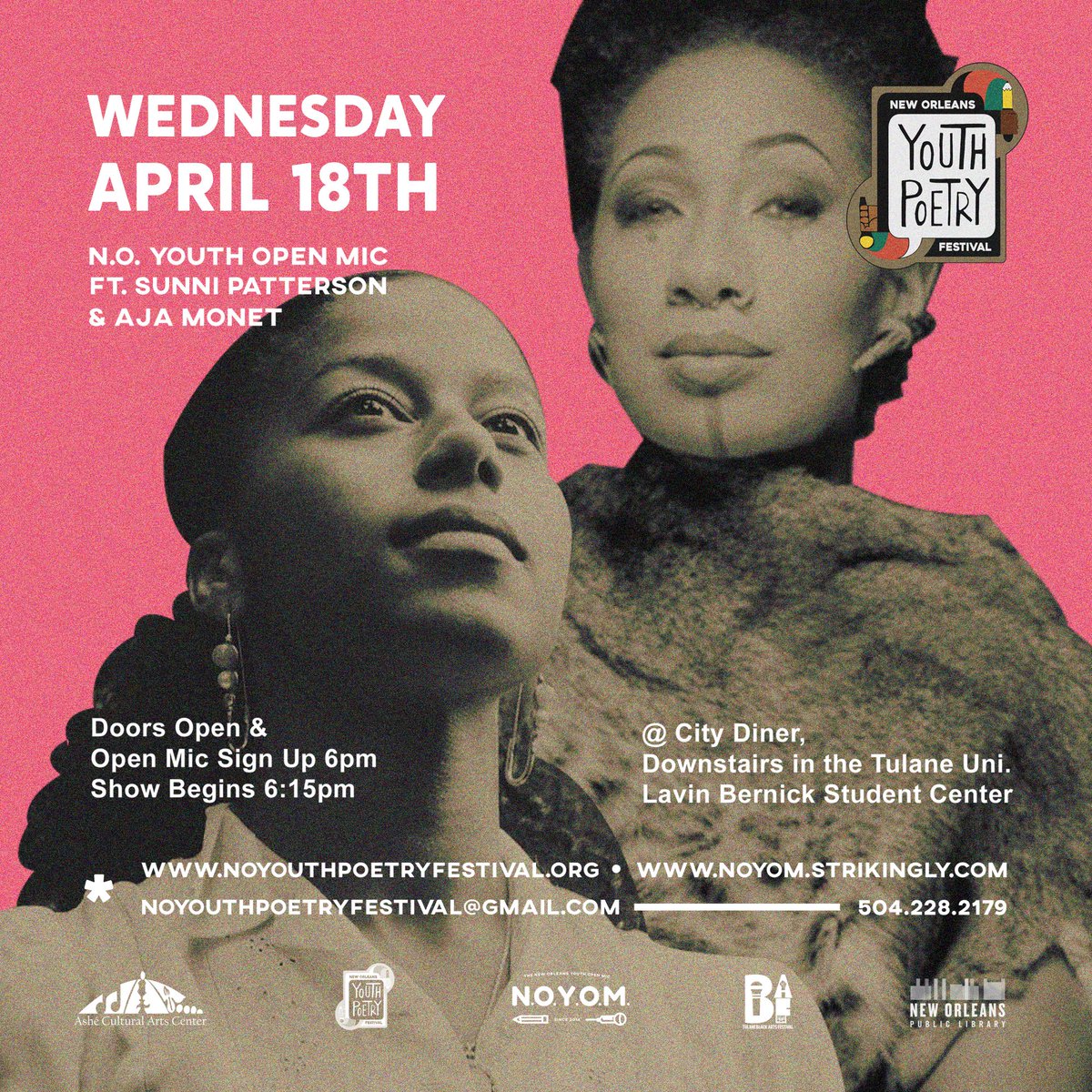 Next week the New Orleans Youth Poetry Festival kicks off with a special <a href="/noyouthopenmic/">NOYOM</a> featuring @sunnipatterson and <a href="/ajamonet/">aja monet</a> ! Visit noyouthpoetryfestival.org for the full schedule of events on April 18, 20-21st, 2018