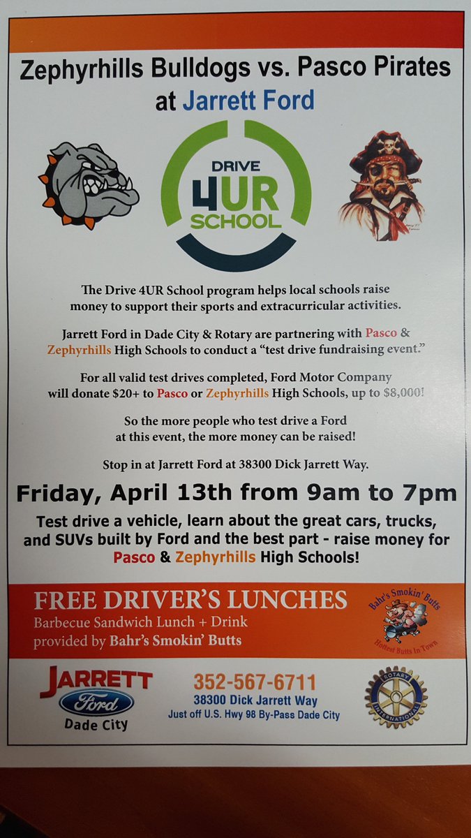 Help raise $$$ for our #PascoPirates! Drive 4 UR School @ Jarrett Ford! 💀🚗#FridayThe13th