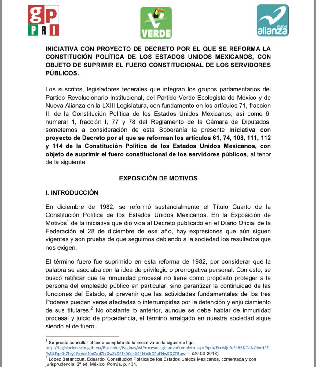 BraulioGuerraU's tweet photo. Iniciativa para eliminar el Juicio de Procedencia “FUERO” que presentamos los integrantes del Grupo Parlamentario @DiputadosPRI para que se turne a Comisión y se le dé trámite; así @JoseAMeadeK será el primer Presidente sin #Fuero. https://t.co/MPlHeuuYRu