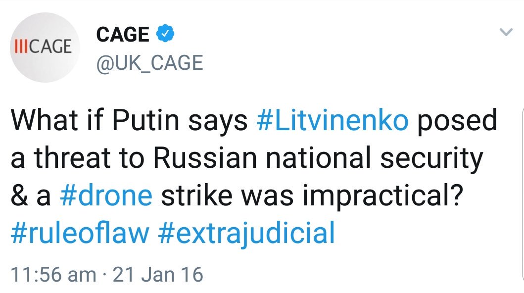 azadaliCCM's tweet photo. What's good for the goose is also good for the gander.

• Pic1 @CliveSSmith rightly calling out UK hypocrisy. 

• Pic2 @UK_CAGE highlighting the danger of #extrajudicialkillings and derogation from the Rule of Law in 2016!

#Drone
#RuleOfLaw https://t.co/qnXbp83Rom