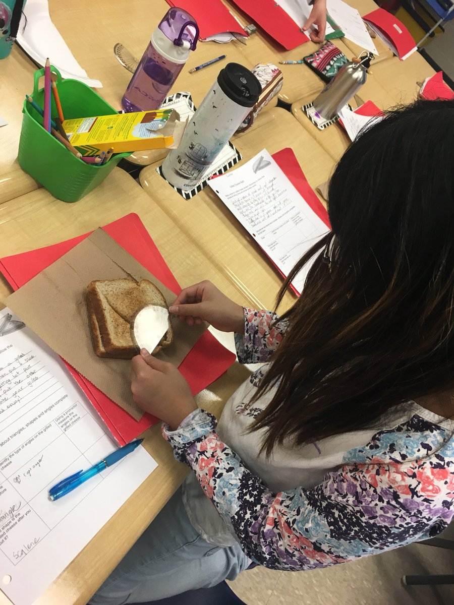 MrsAssee's tweet photo. Today is #NationalGrilledCheeseDay. To celebrate we learned how to measure angles on our grilled cheese, classified the type of triangles & wrote a yummy grilled cheese recipe ! #crosscurricular #isoscelestriangle #angles #equilateraltriangle #scalenetriangle @c_hadfieldps https://t.co/5MKyZ9n9u1