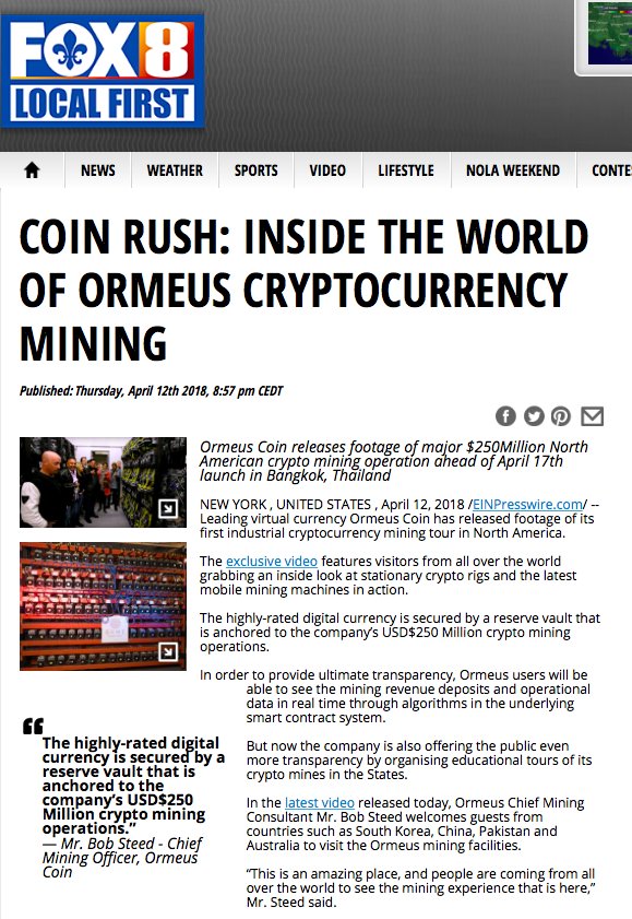 ormeusecosystem's tweet image. PROOF OF MINING! Ormeus Coin releases new footage of major mining operation in North America and commences public tours for ultimate transparency. The media is picking up the story now, (pic) - watch the amazing video here: youtube.com/watch?v=gwqC_J… #ormeus