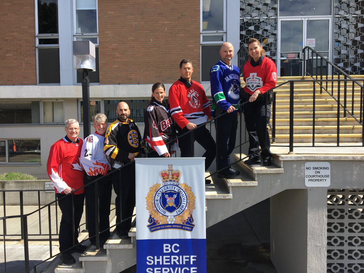 Members of the B.C. Sheriff Service, Office of the Chief Sheriff & our Victoria Office adorned Hockey jerseys today in support of the @HumboldtBroncos & @CityofHumboldt_ We will stand beside you & will support you as long as you need us to. #HumboldtStrong