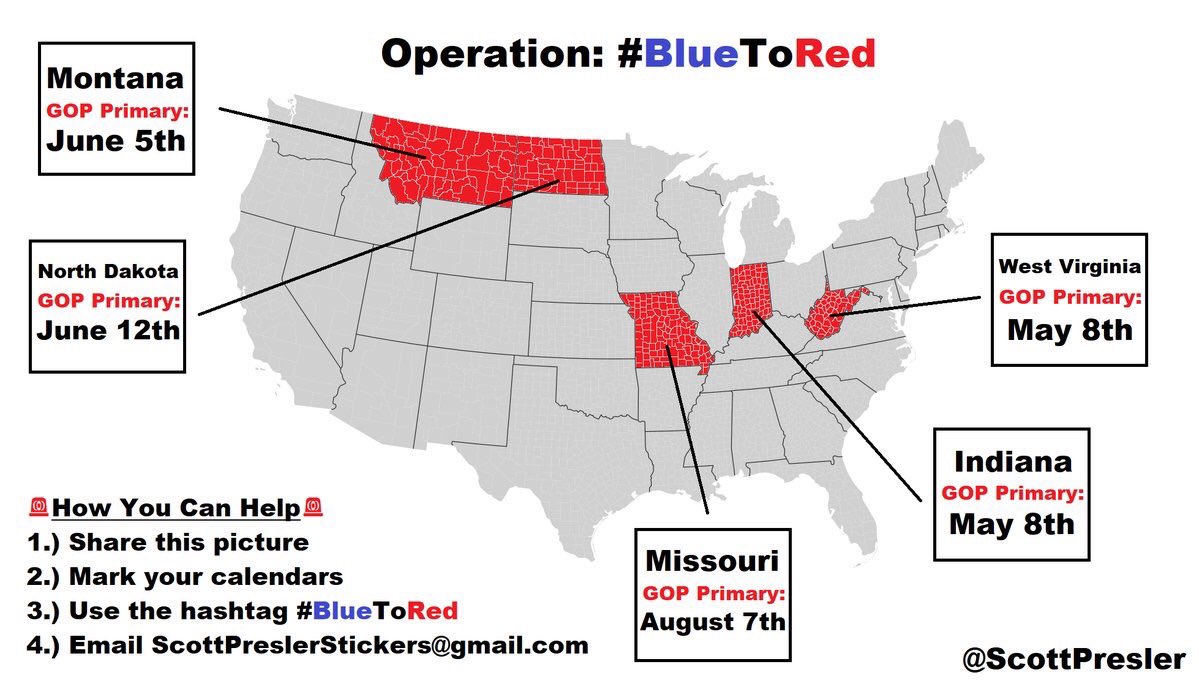 ScottPresler's tweet photo. MAKE THIS GO VIRAL:

The democrats have to defend 26 Senate seats in November. Of those, 10 are in states Trump won.

We're organizing in IN, MO, MT, ND, WV, FL, MI, OH, PA, &amp; WI. Volunteer, help us register voters, &amp; mark your calendars.
#BlueToRed #RedWave2018 https://t.co/lUWPLKSWFa