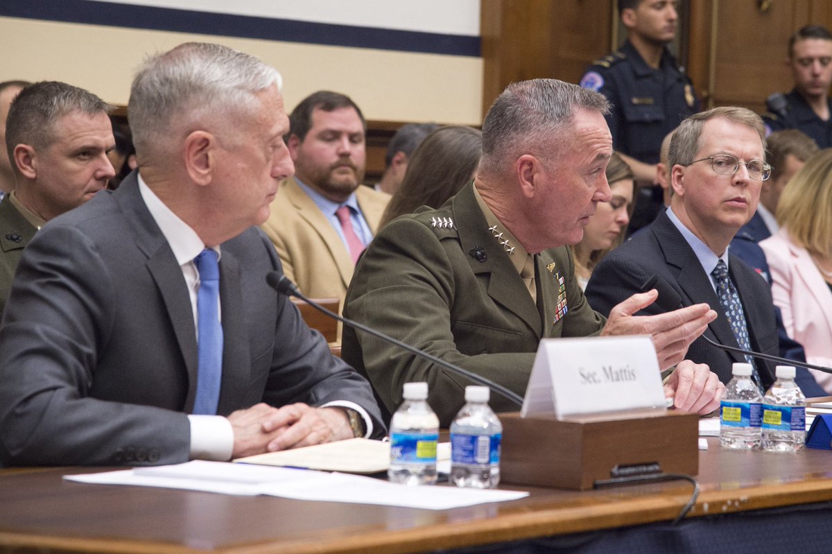 thejointstaff's tweet photo. #GenDunford and #SecDef Mattis testified today before the #HASC on the proposed FY19 #budget and security posture: https://t.co/ONfVhkkwL0 https://t.co/s0twvwB4EQ