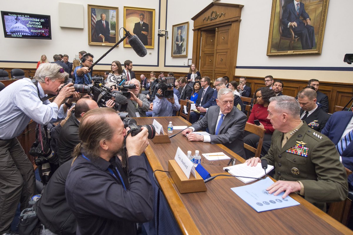 thejointstaff's tweet photo. #GenDunford and #SecDef Mattis testified today before the #HASC on the proposed FY19 #budget and security posture: https://t.co/ONfVhkkwL0 https://t.co/s0twvwB4EQ