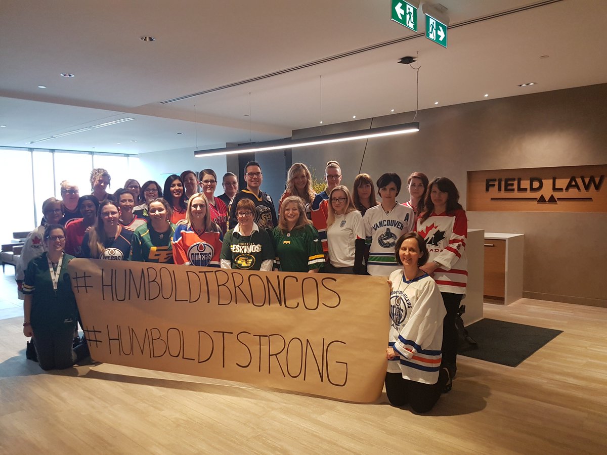 FieldLaw's tweet photo. Our #YYC and #YEG teams proudly wear our #JerseysForHumboldt to honour the #HumboldtBroncos and all those impacted. #HumboldtStrong https://t.co/9eGz8kDljb