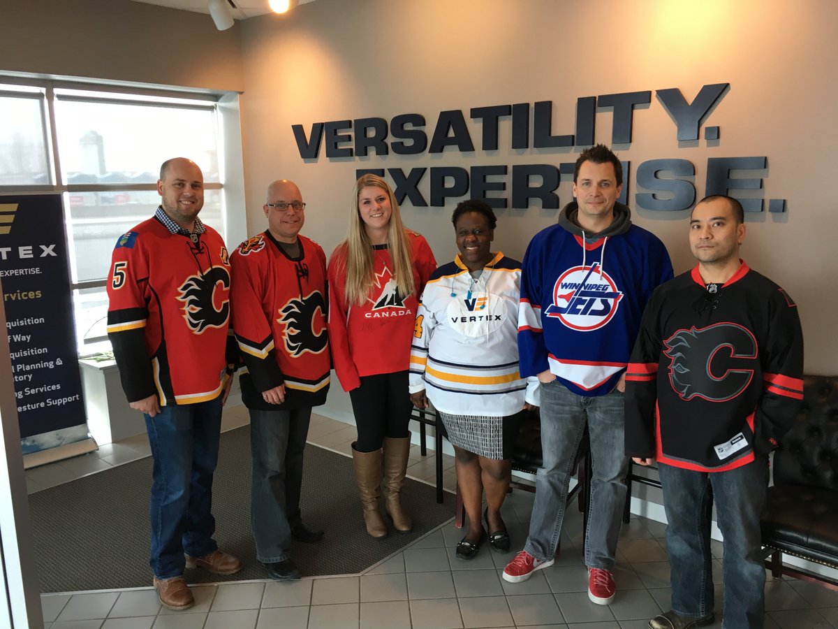 Vertex_Group's tweet photo. We are all one team, and we all stand with Humboldt. @Vertex_Group employees wore their Jerseys today to show our support for the Humboldt Community. #JerseysForHumboldt #HumboldtStrong #PrayersForHumboldt https://t.co/23FIfUaIUm