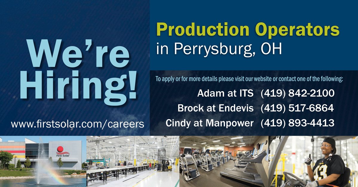 We’re growing fast! Come join a great team that’s changing the world. We are now hiring multiple Production Operators in Perrysburg, OH. Contact a rep. or visit our website soon, as these positions are filling fast! firstsolar.com/careers #Hiring #FirstSolarCareers