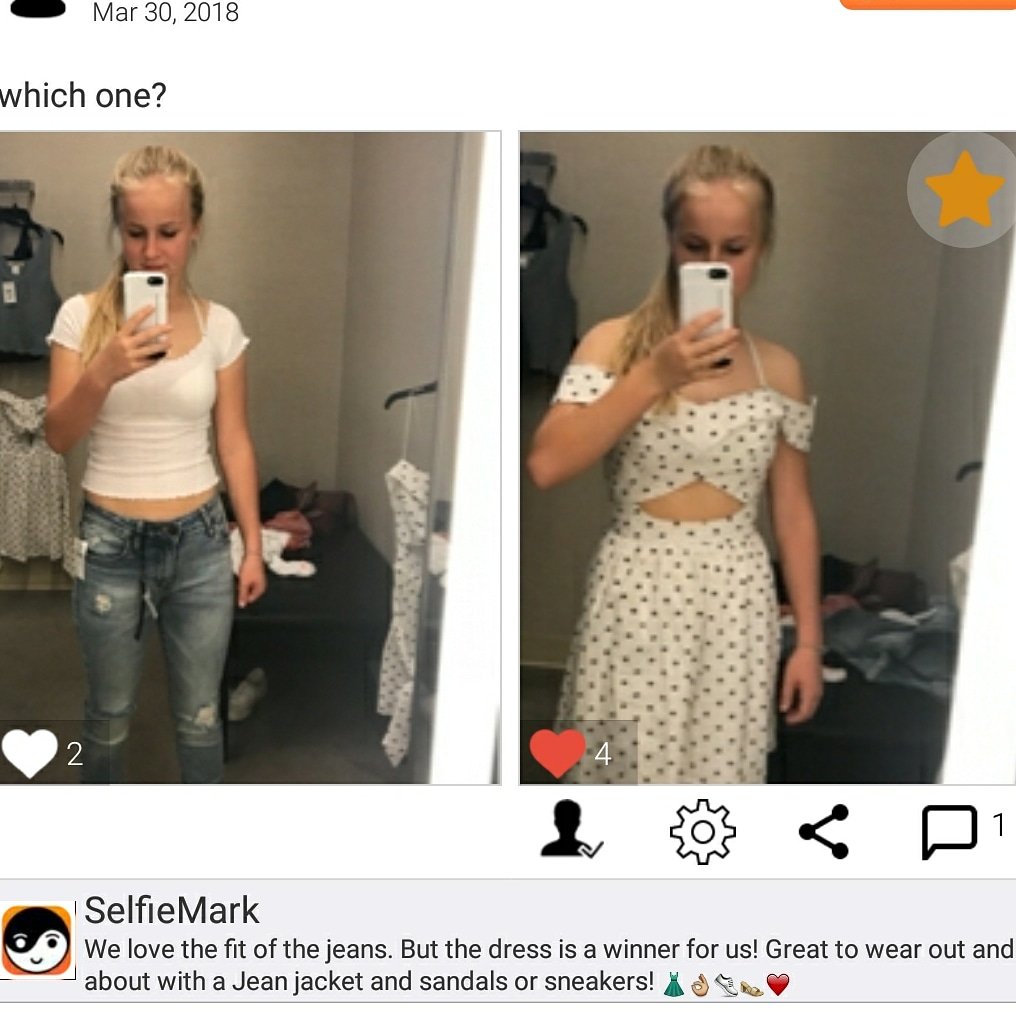 SelfieMarkApp's tweet photo. Get the feedback you need from friends or our in-house stylists in a poll for FREE. Easy and fast wherever you need it. #pocketstylist #whattobuy #retail #needadvice #stylists #styleadvice https://t.co/O7GcCGFTVp