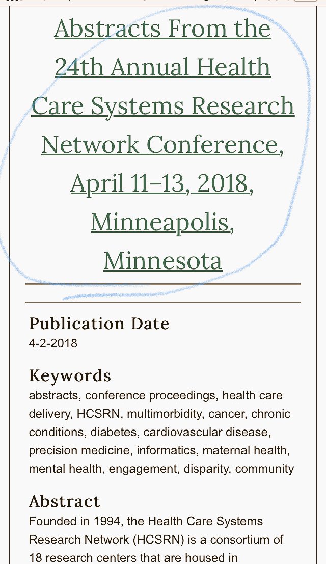 HCSRN's tweet photo. Abstracts from our amazing #hcsrn18 conference attendees are now available! Congrats to all the authors! @KPShare @GeisingerRsrch @mfldclinic @_HealthPartners @UMassMedical @HenryFordNews @EssentiaHealth @bswhealth @DeptPopMed @paloaltomedical https://t.co/Crp6DQuKFd