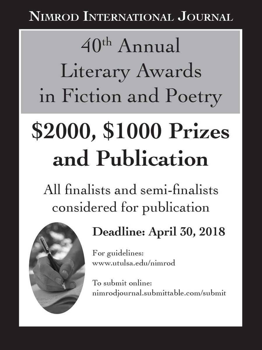SinsJournal's tweet photo. Sinners, last call for @NimrodJournal's Literary Awards! Judged this year by Patricia Smith and Rilla Askew, the Awards feature first prizes of $2,000 and second prizes of $1,000. Deadline April 30th, 2018. For more information: https://t.co/lwiJz9dBzO. https://t.co/hgOMh3iQN4