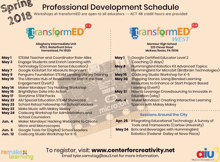 JustinAglio's tweet photo. *** NEW *** 2018 Spring Professional Development Schedule @cntr4creativity #transformED @AlleghenyIU3 & #transformEDWest @MontourSD! #RemakeLearning https://t.co/Wxqw6kmyjG