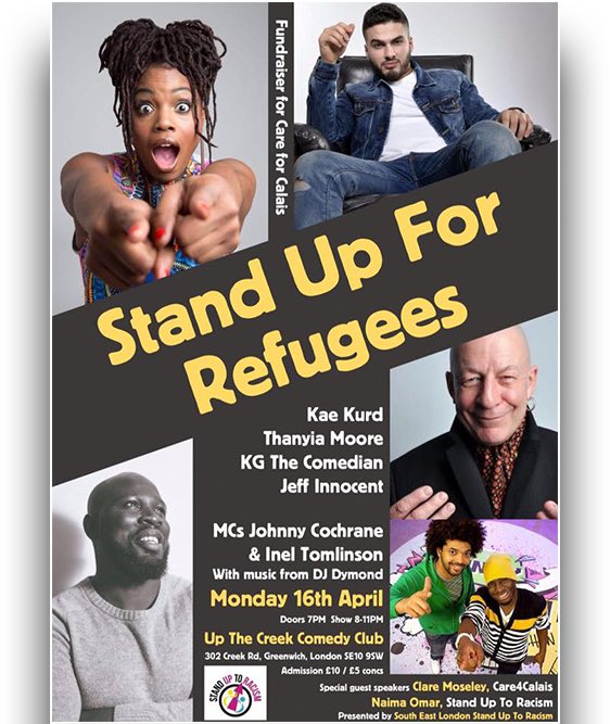 We cannot wait for this! Such a worthy cause and a CRAZY GOOD BILL on Monday feat <a href="/ThanyiaMoore/">🇯🇲🇬🇧</a> <a href="/KaeKurd/">Kae Kurd</a> <a href="/KGthaComedian/">Tier 5 KG</a> <a href="/InnocentJeff/">Jeff Innocent</a> @JohnnyICochrane <a href="/inel/">Inel Tomlinson</a> and <a href="/djdymond/">DJ Dymond 🎧💎</a> Get your tickets peeps from up-the-creek.com #standupforrefugees #standuptoracism #care4calais