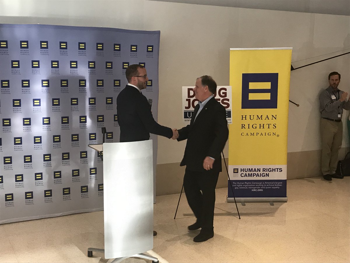 HRC President Chad Griffin greeting Senator Doug Jones for his announcement of support for the Equality Act.