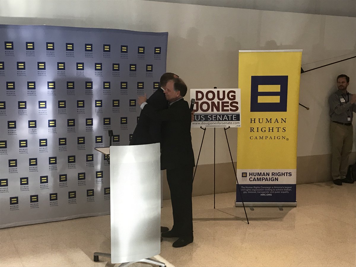 HRC President Chad Griffin greeting Senator Doug Jones for his announcement of support for the Equality Act.