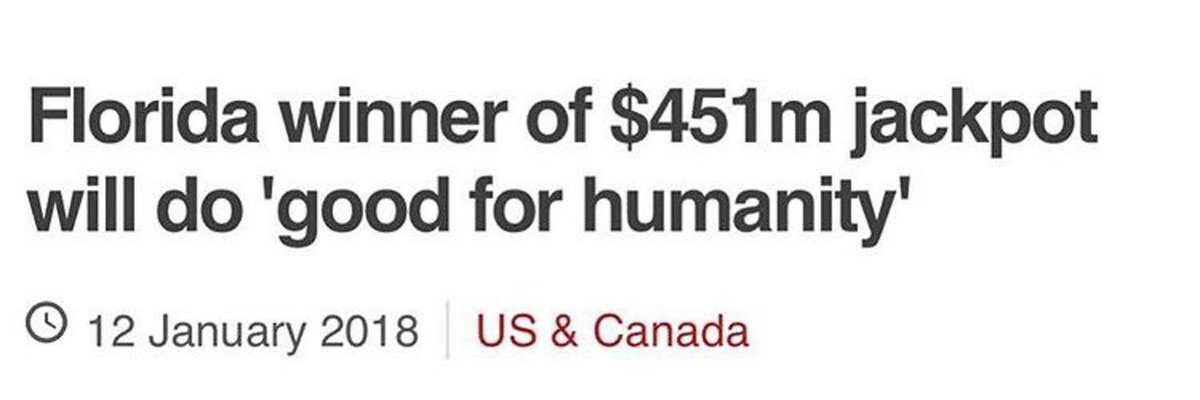 JacobSchlater's tweet image. Hey guys! I, a Florida resident, just won $451 million. With this money I plan to do good for humanity! I will be giving $100,000 to the first 4,520 people that retweets this. I attached the news article so you know this isn't fake