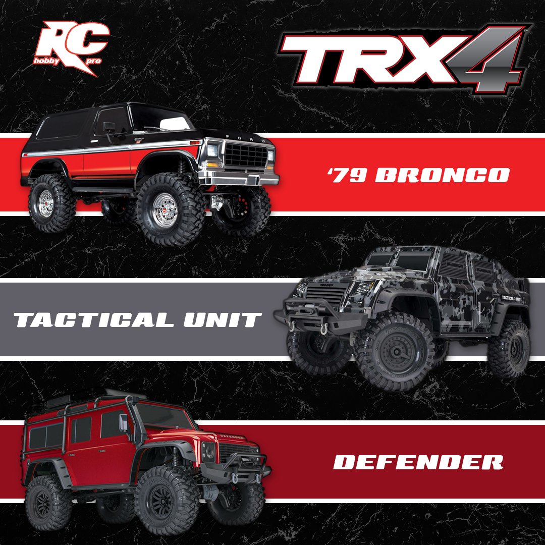 Choose your weapon! Check out our #Traxxas #TRX4 options. **EASY FINANCING** ow.ly/pGyF30jr87S #rc #rccrawler #rccrawl #traxxastrx4 #fordbronco #landrover #tacticalunit #rctrucks