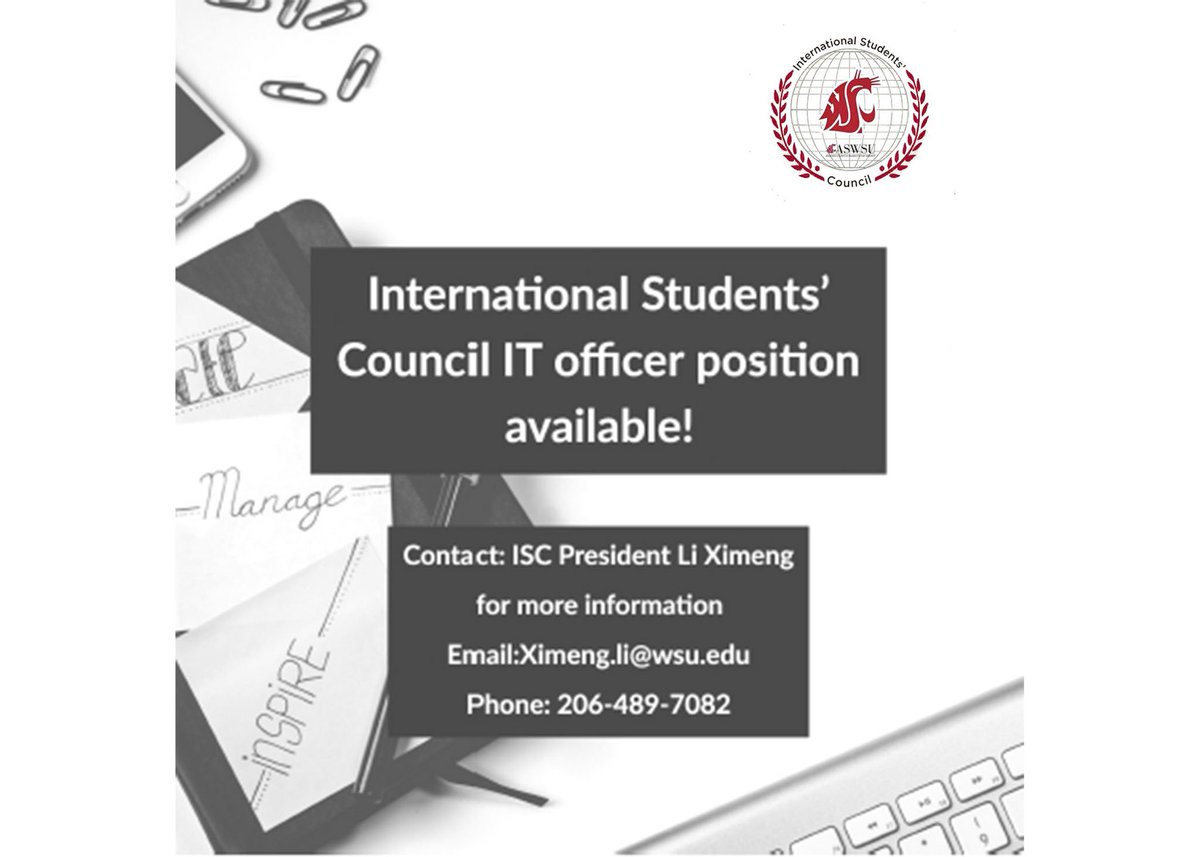 ISC_WSU's tweet image. International Students' Council still has an available cabinet position!  If you are interested in gaining international experience, are a team player, and would like to get involved within the international community contact the ISC president!