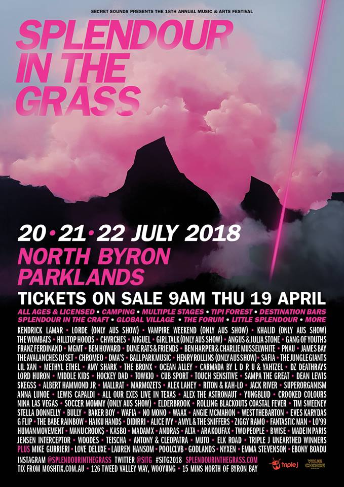 Get ready to spend #SITG2018 with…

Tickets for Splendour in the Grass 2018 go on sale through <a href="/moshtix_com_au/">Moshtix</a> from 9:00am AEST Thursday 19 April! Hit splendourinthegrass.com for full lineup and ticketing info!