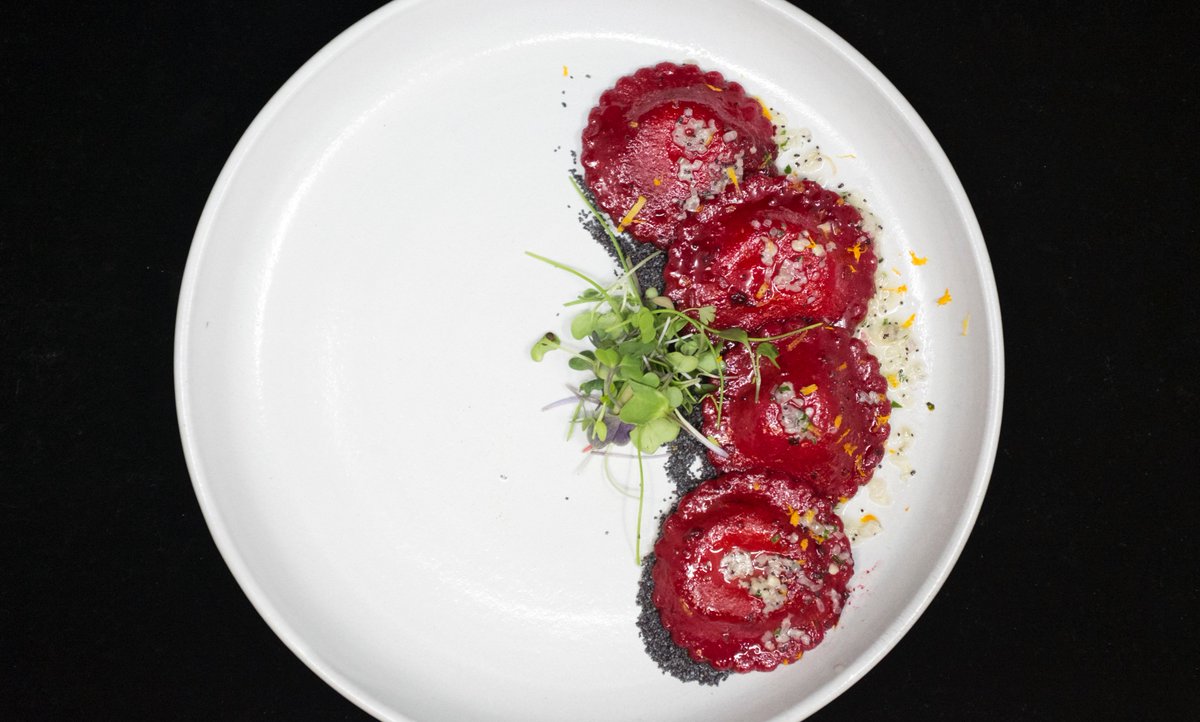 contempcater's tweet photo. House Made Red Beet Ravioli, Ricotta, Lemon, Poppyseed – its beauty is only outshine by its taste https://t.co/PentCx6Zi6 https://t.co/f8Bm1wKtIK