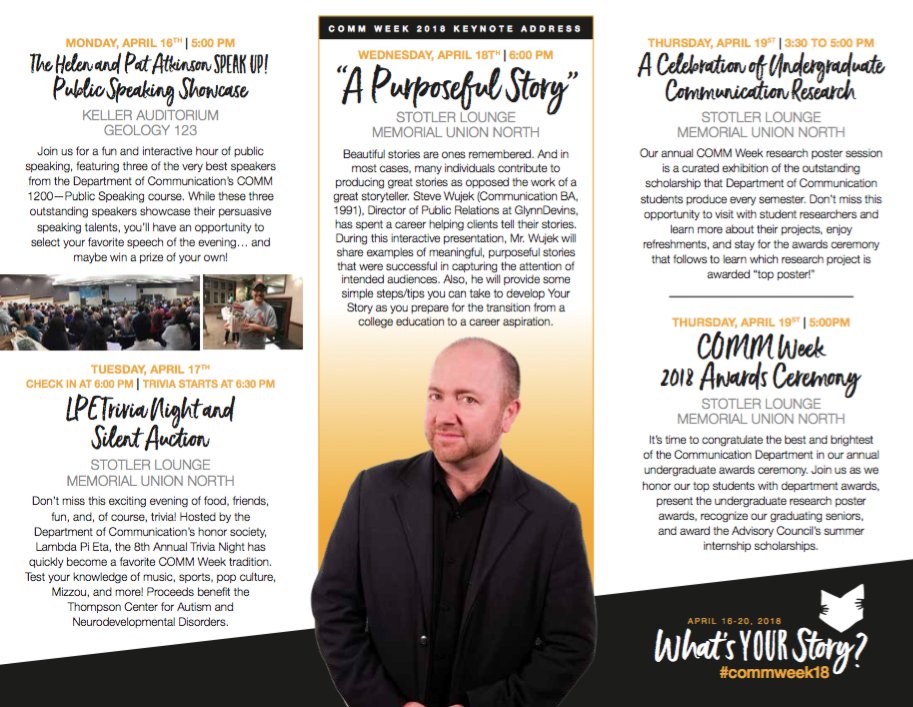 MizzouComm's tweet photo. LET'S GET READY TO #commweek17 @MizzouComm #WhatsYourStory Make time in your schedule for these great events next week! https://t.co/kJK2GIHhfM
